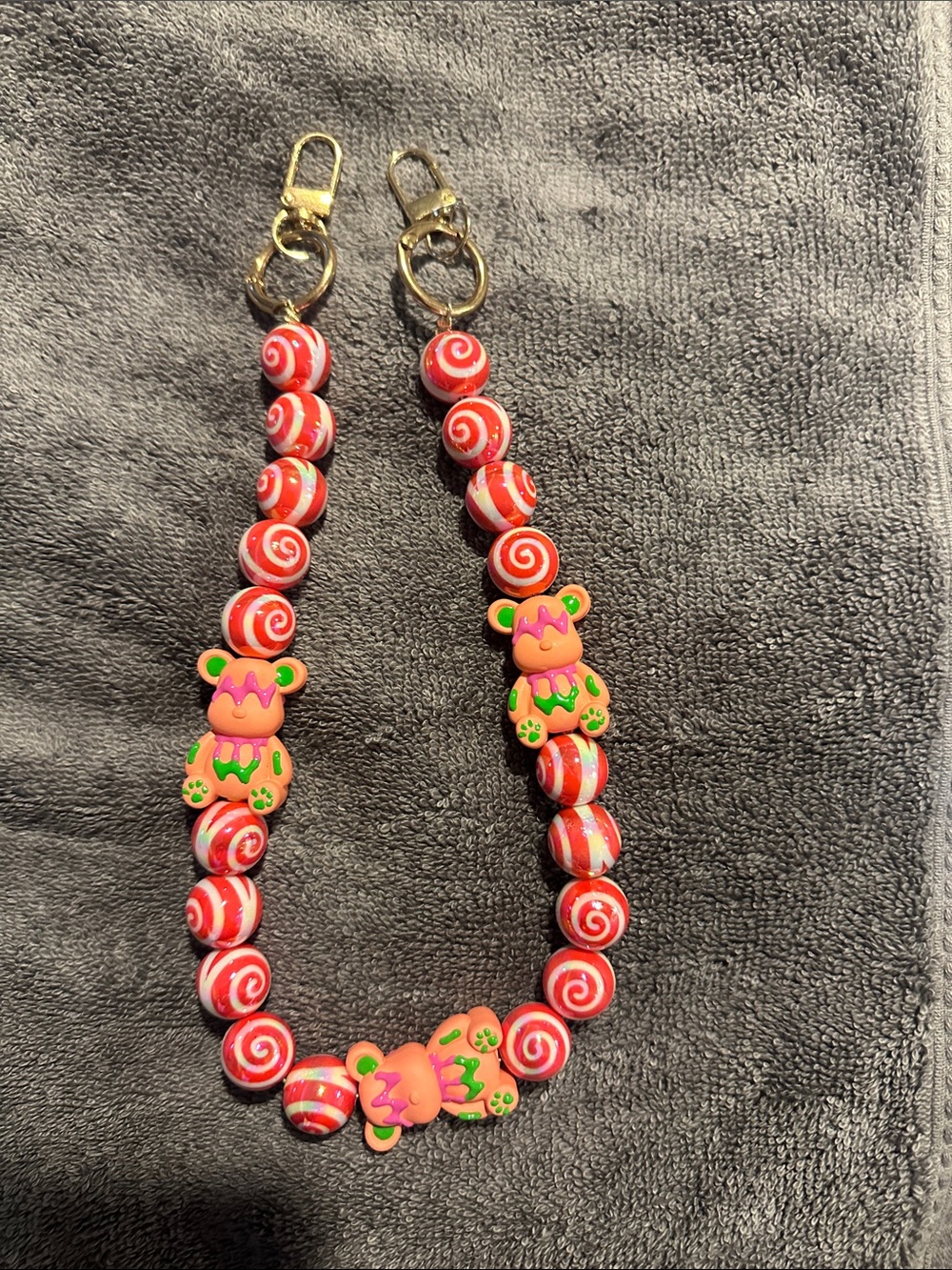 Cute Pink Bear Beaded bag accessory with Red Swirl Beads
